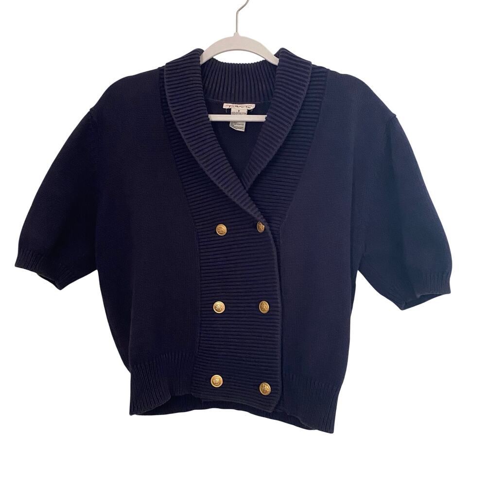 Vintage Navy Blue Cardigan Sweater Talbots Short Sleeve Classic Womens Medium